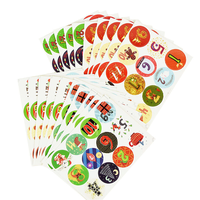 120pcs Round Number 1-24 Adhesive Number Sticker Christmas Advent Calendar Stickers Countdown Cookies Candy Bag Sealing Stickers