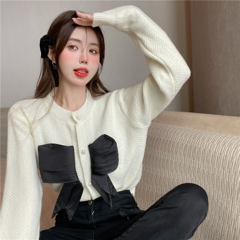 Outono inverno coreano feminino topos camisola de malha macia quente jumper vintage knitt manga longa fino malha arco cardigan camisola 990h