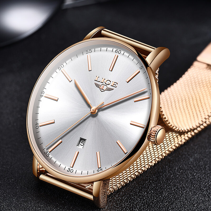LIGE Ultra-mince décontracté montre-bracelet en acier inoxydable Quartz horloge marque de luxe étanche montre femmes montres mode Ladie