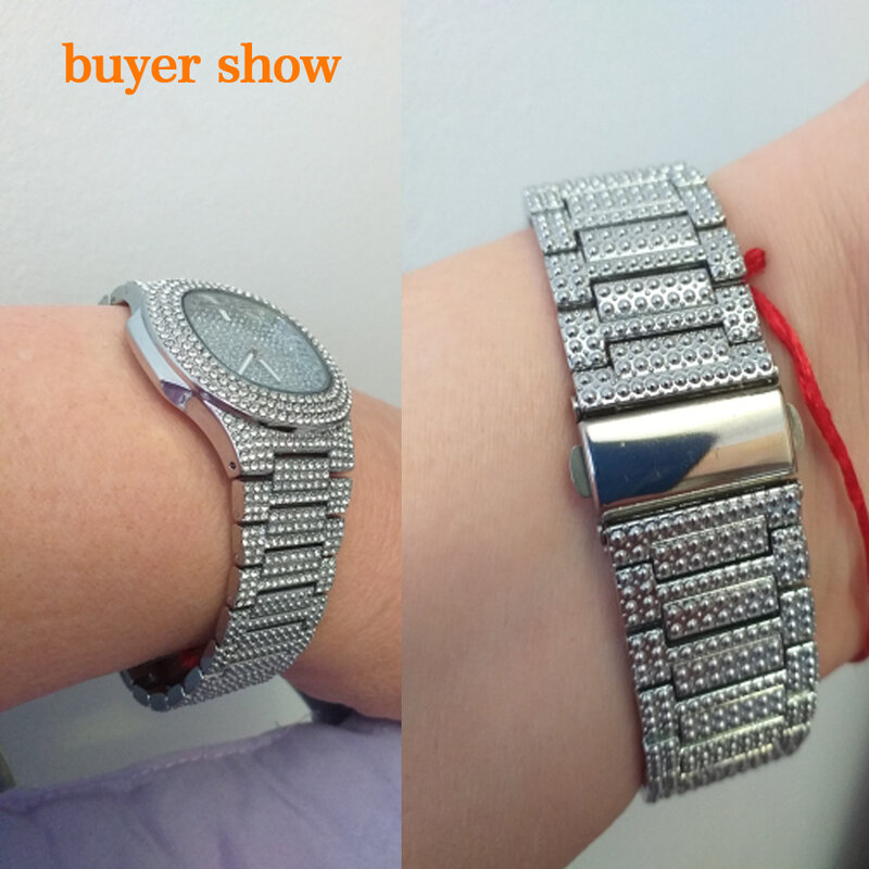 패션 남성용 다이아몬드 시계 여성용 쿼츠 시계 Micropave CZ 힙합 쿠바 체인 팔찌 방수 시계 relogio