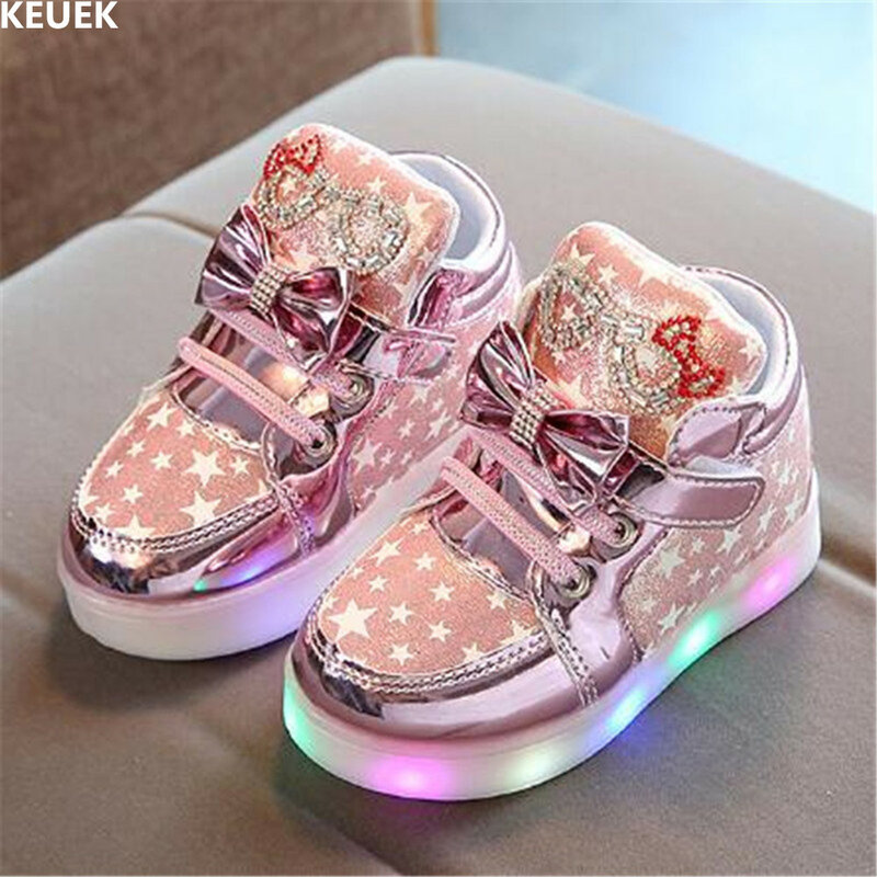 Novo brilhante tênis crianças luz sapatos meninas luminosa casual primavera/outono iluminado bebê da criança dos miúdos sapatos esportivos planos 018