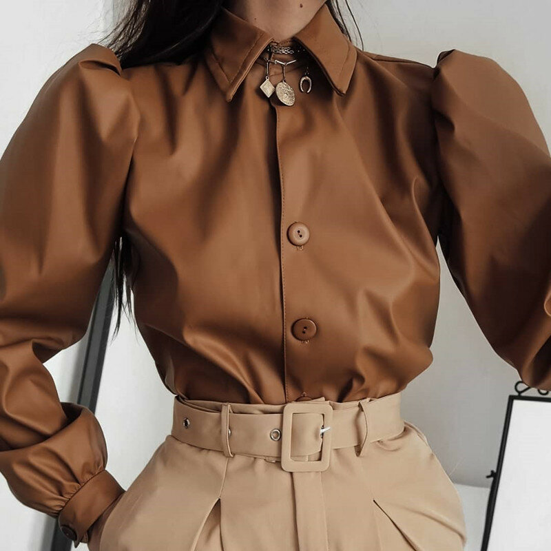 2020 novas camisas femininas de couro do plutônio puff manga tops blusas casuais outono primavera senhora camisa elegante outwear moda formal feminino