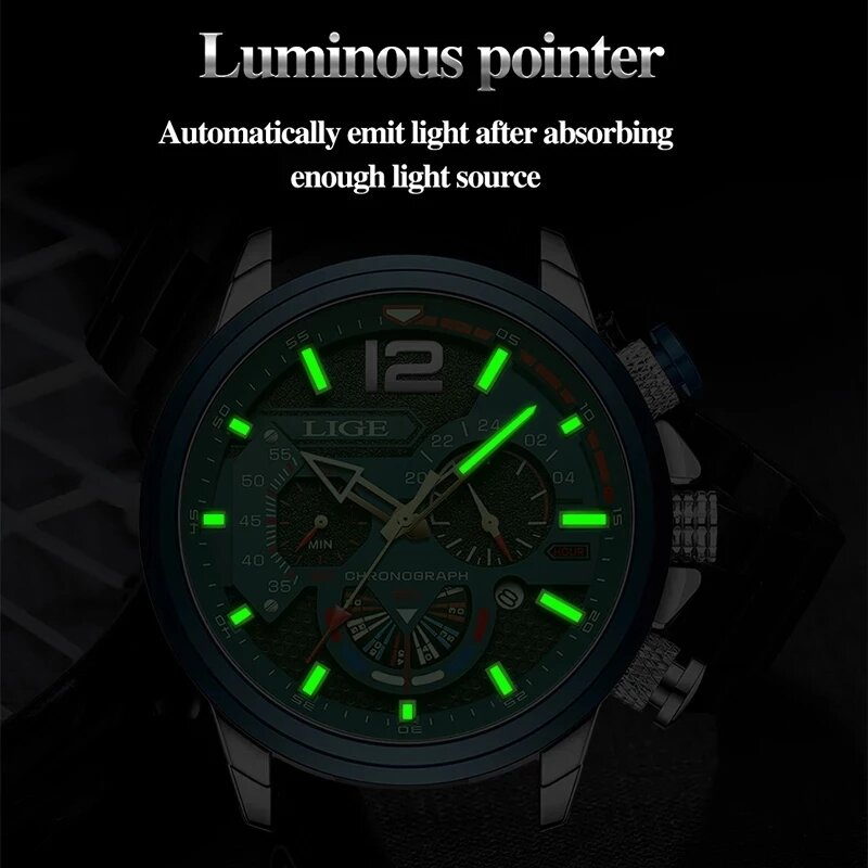 2022 LIGE New Sport Watches for Men Blue Top Brand Luxury Military Waterproof Leather Watch Man Fashion Chronograph Wristwatch