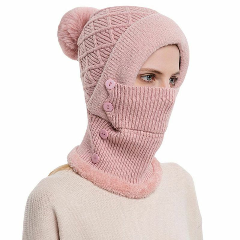 3 em 1 inverno feminino malha com capuz cachecol beanie pescoço mais quente protetor de orelha com pompom senhoras quente cobertura boné