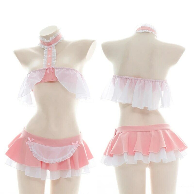 X3UE Sexy Maid Cosplay Outfit Cute Pink Girl Costumes for Female Uniform Charming Kawaii Women's Suit with Chiffon Ruffle