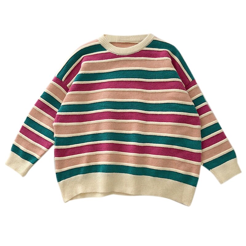 Women Autumn Long Sleeve Sweater Contrast Colored Striped Oversized Jumper Top X3UE