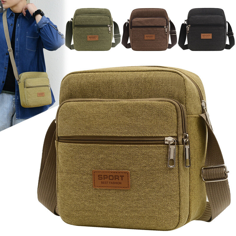 Многофункциональная сумка на плечо для мужчин, однотонный Повседневный мессенджер с клапаном, холщовая дорожная сумочка на молнии в стиле ...