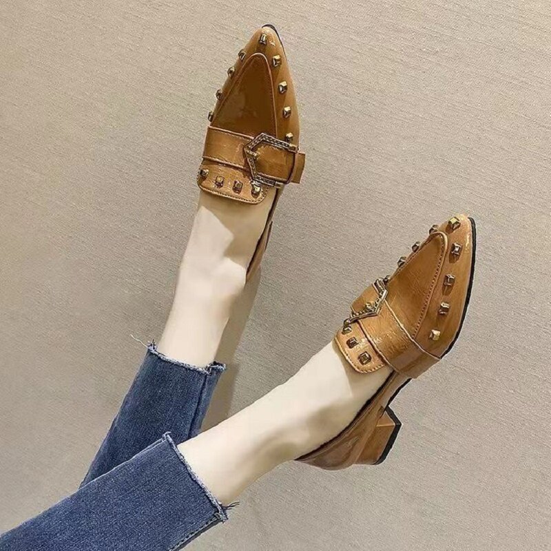 Spring Autumn Women Pointed Single Shoes Thick Heel Low Heel Leather Shoes Mary Jane Slip On Footwear Female Zapatillas Mujer