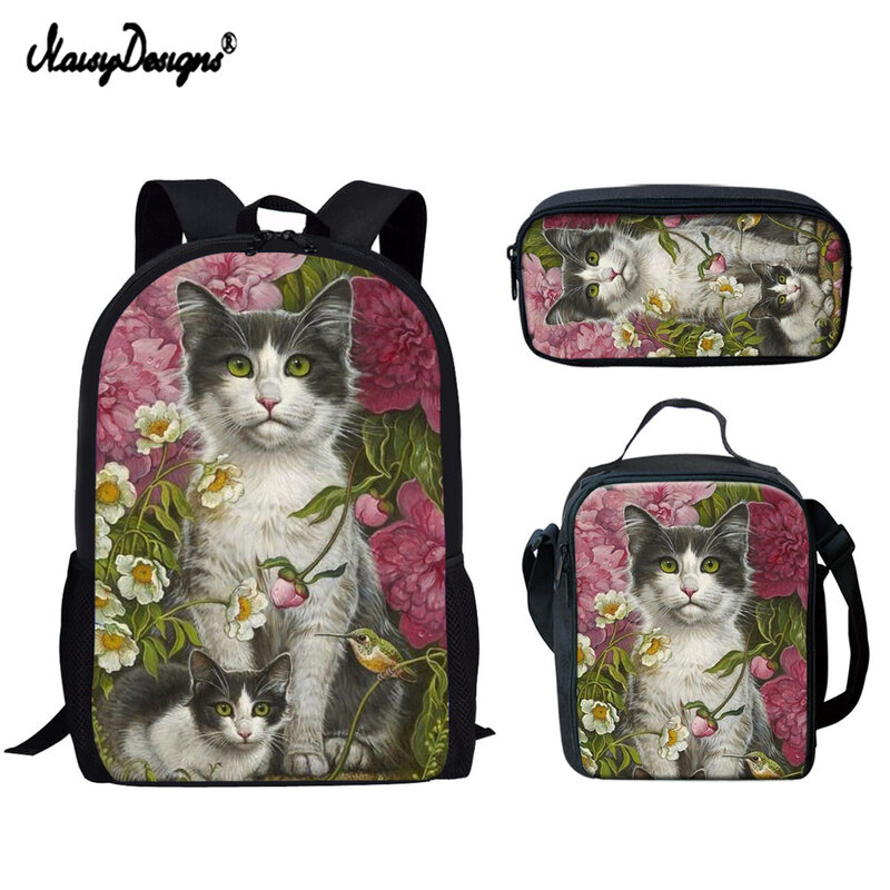 Noisydesigns novo estudante escola mochila conjunto adorável gato impressão saco de escola para crianças primária crianças flores bookbags mochila