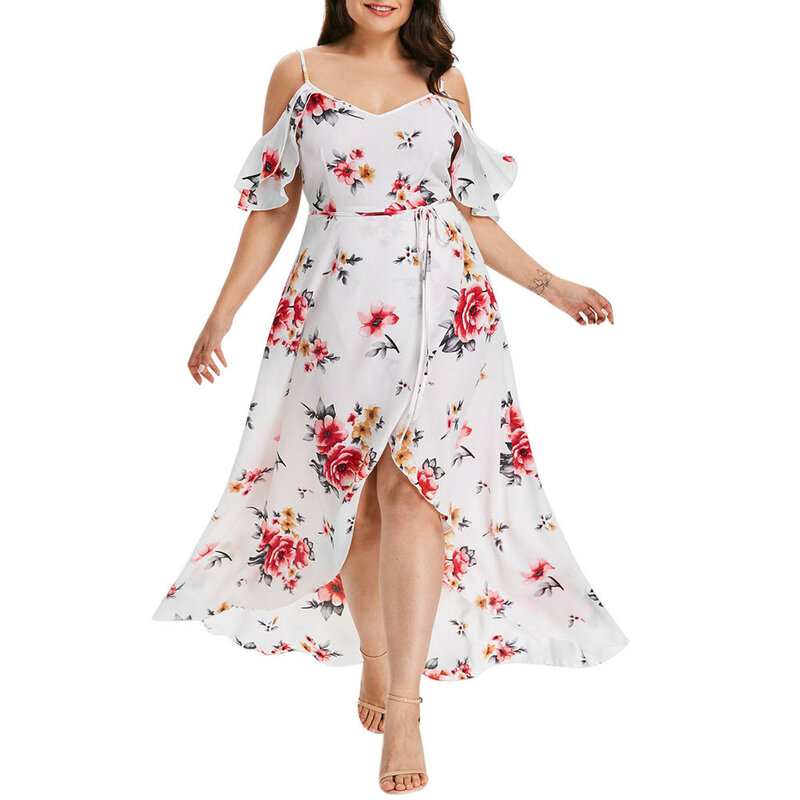 De talla grande de las mujeres pantalón corto Casual manga frío hombro Boho de talla grande estampado de flores vestido largo de playa de alta calidad vestidos Maxi vestido
