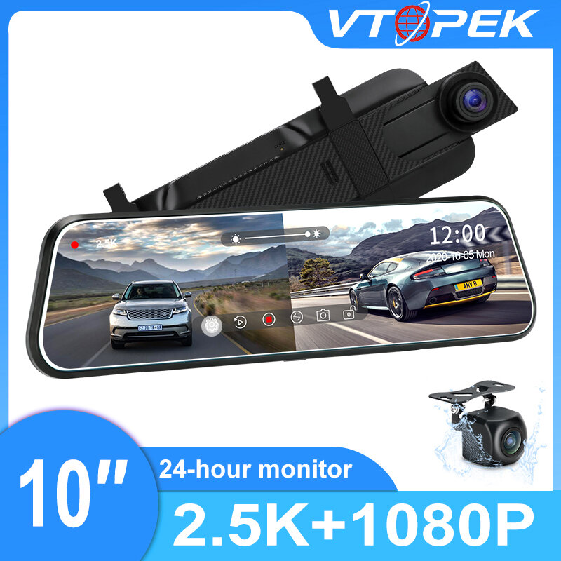 Vtopek Kamera Depan dan Belakang Perekam Video Lensa Ganda Media Streaming DVR Mobil 2.5K 10 Inci