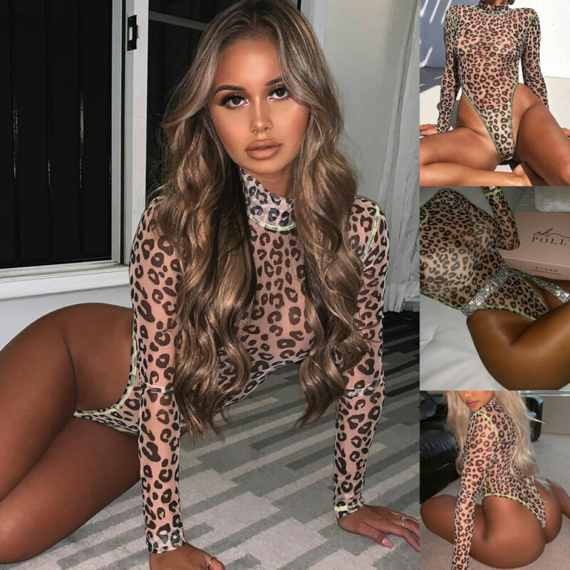 Sexy feminino leopardo impresso bodysuit alto corte collant tanga clubwear macacão macacão topos senhora estiramento bodysuit tops blusa quente