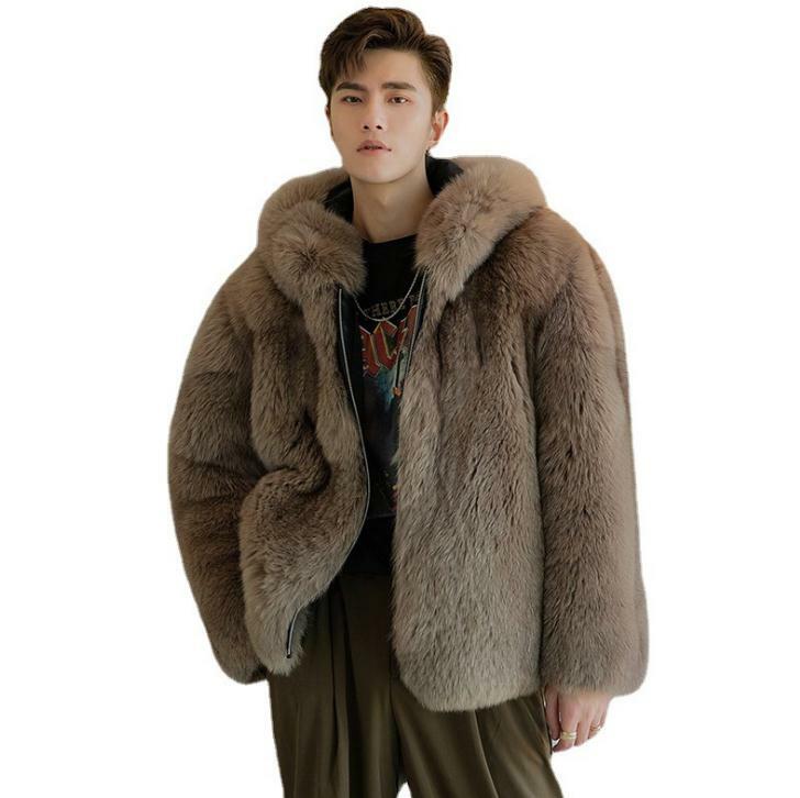 Abrigo con capucha para hombre, chaqueta de piel sintética con cremallera, a la moda, K1566