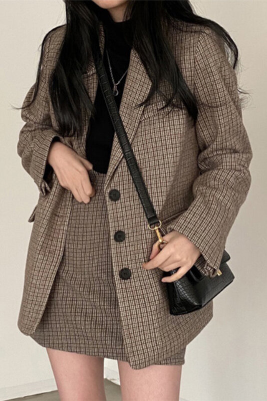 Casacos femininos conjuntos coreano chique xadrez terno colarinho três botão manga longa terno casaco + cintura alta em forma de saco hip saia feminina