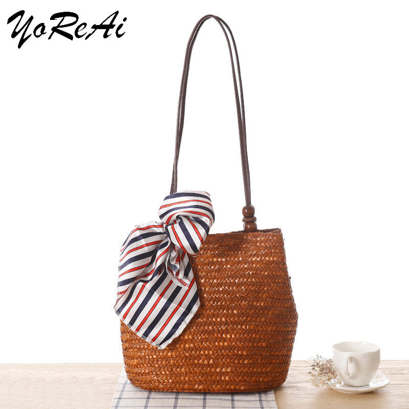 Женская Плетеная соломенная сумка YoReAi, летняя пляжная сумка ручной работы из ротанга, Большая вместительная кожаная сумка через плечо в бог...