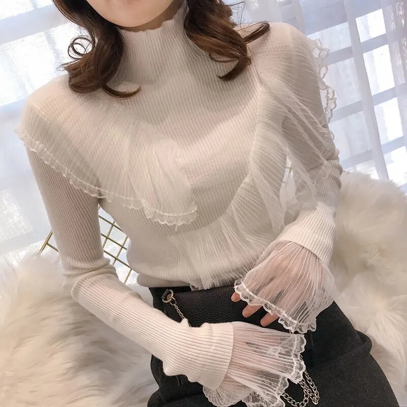 Ropa Mujer ผู้หญิง Lace Patchwork Ruffles เสื้อกันหนาวใหม่เกาหลีเสื้อผ้าแฟชั่นครึ่งคอเต่า Slim Fit ถัก Pullovers หวาน Sueter