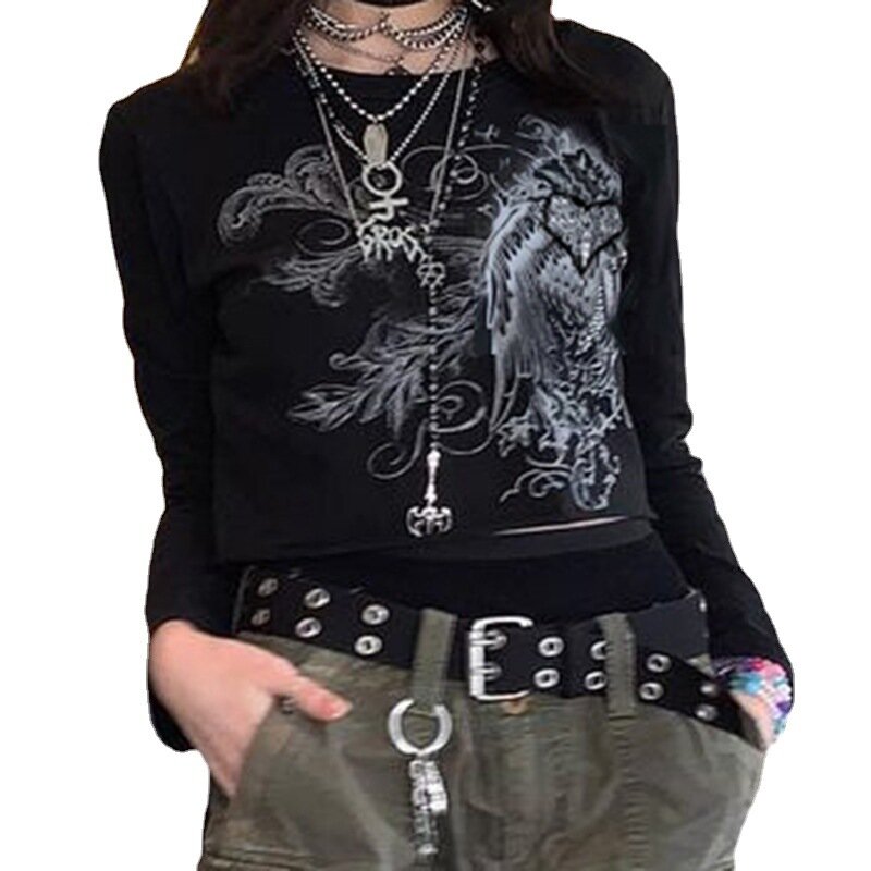 Kaus Hitam Wanita Goth Harajuku Y2K Kaus Lengan Panjang Print Seni Wanita Hip Hop Berlian Punk Atasan Kaus Longgar Musim Semi Musim Panas