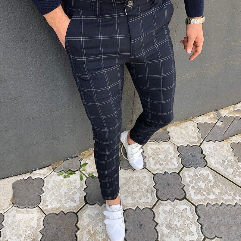 Pantaloni a matita Slim con stampa scozzese Vintage per uomo pantaloni lunghi Casual 2021 primavera estate moda Streetwear abbigliamento uomo Harajuku