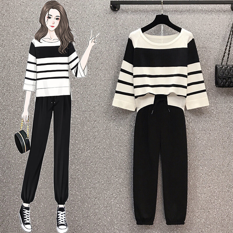 Pants Suits 2021 Autumn New Large Size Fat Girl Striped 3/4 Sleeve Knitted Top Cropped Pants Two-Piece Set