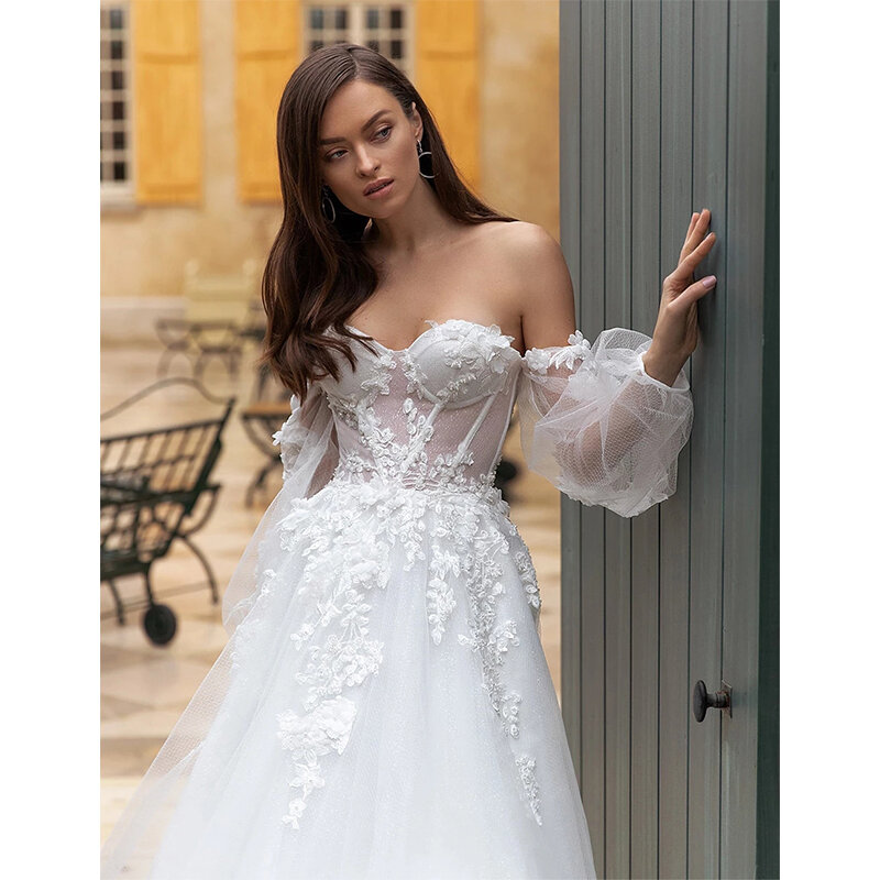 Tulle Puff długie rękawy Boho weselny strój Off The Shoulder koronkowe aplikacje czeski plaża suknia dla panny młodej suknia ślubna księżniczka 2021