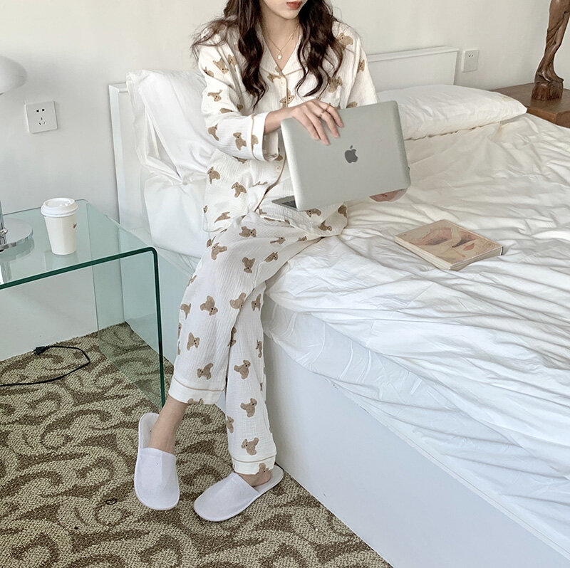 100% Cotton Kawaii Hình Gấu Ngộ Nghĩnh Hình Hoạt Hình Homewear Nam Nữ Cặp Đôi Pyjama Set Tay Dài Mùa Xuân Và Thu Đồ Ngủ Phù Hợp Với Y953