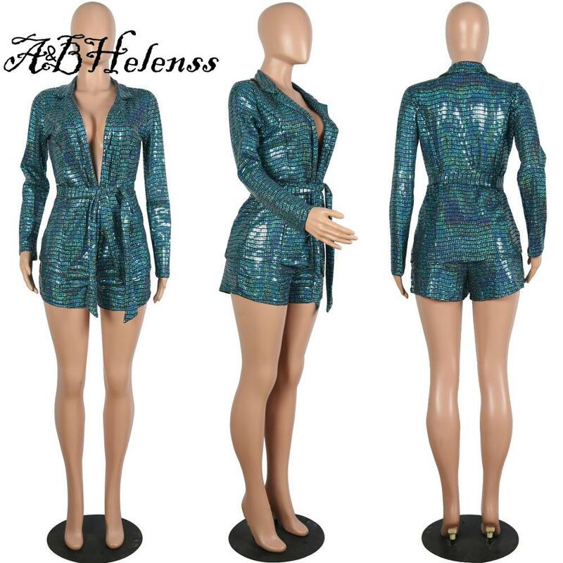 A&BHelenss Sexy Sparking Two Piece Set With Belt Turn Down Collar Long Sleeve Shorts Set Shining Autumn Winter Night Club Outfit