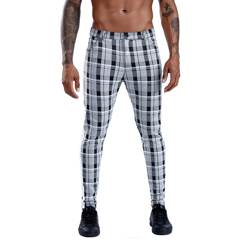 Pantalones Chinos ajustados de algodón para hombre, ropa informal, a cuadros, con rayas laterales, longitud hasta el tobillo, color gris