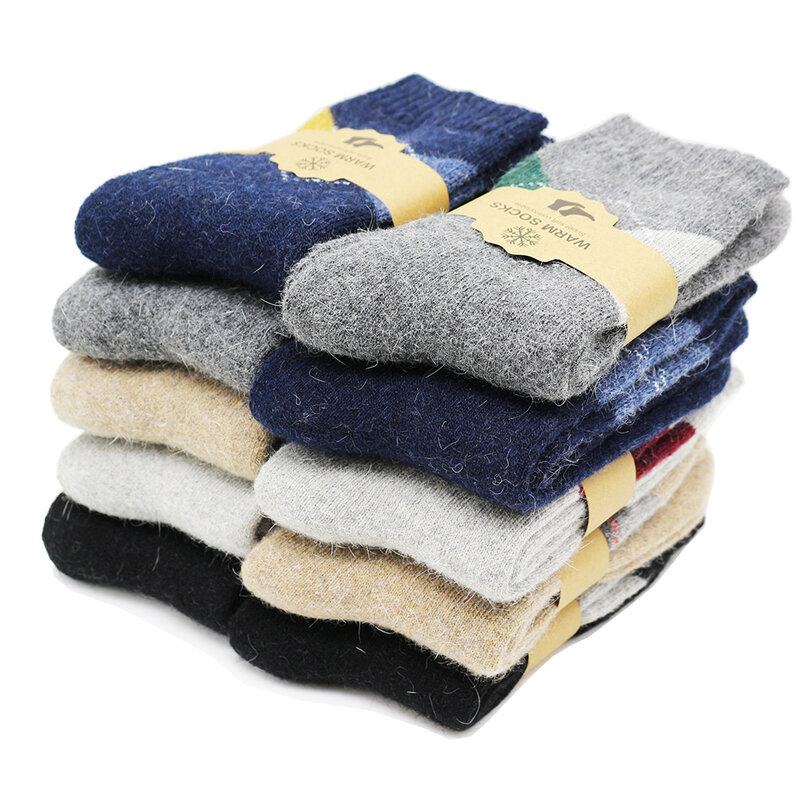 Chaussettes d'hiver en laine mérinos épaisse et chaude pour hommes, Harajuku rétro diamant à carreaux neige chaussettes en cachemire grande taille (41-46)3 paires