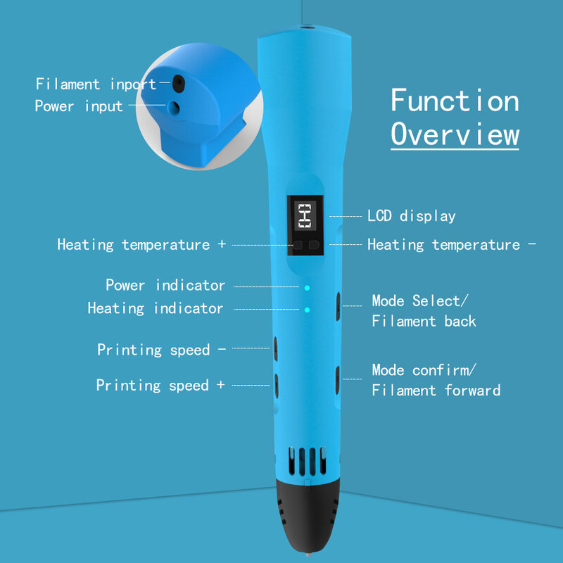 QCREATE 3D Pen Support PCL PLA Materials LCD Screen Low Temperature 3D Printing Pens Come With 100 Meters 20 Colors Filament