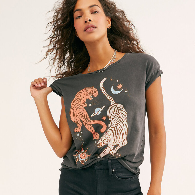 T-shirt manches courtes col rond femme, en coton, Vintage, Chic, Streetwear, été, 2020