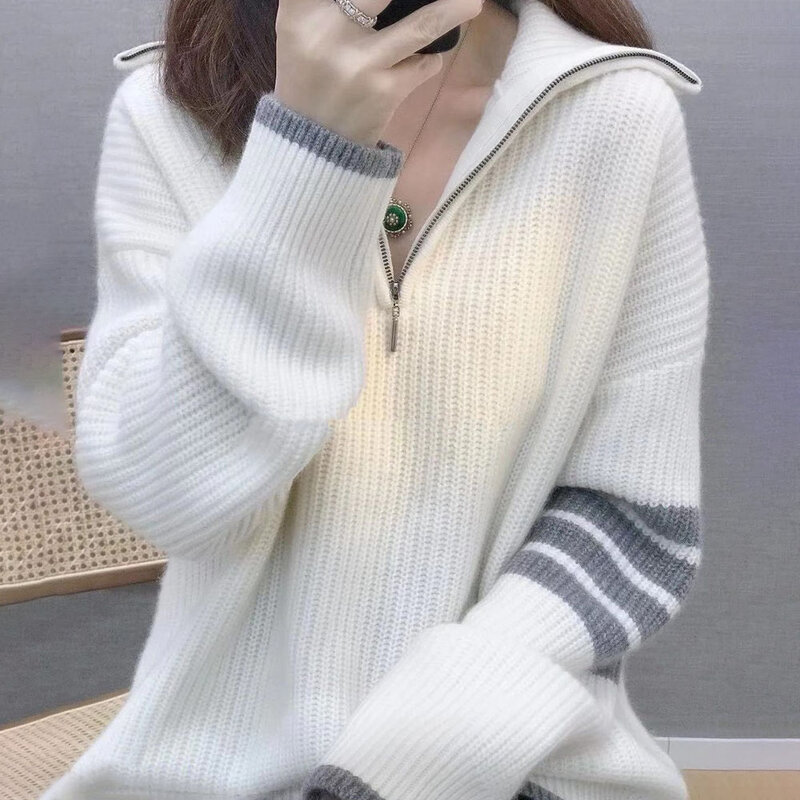 女性のための韓国スタイルのセーター,ゆったりとしたセーター,秋と冬,ジッパー付きのスタンドアップの襟,厚くて怠惰な風,新しいコレクション,ヨーロッパ