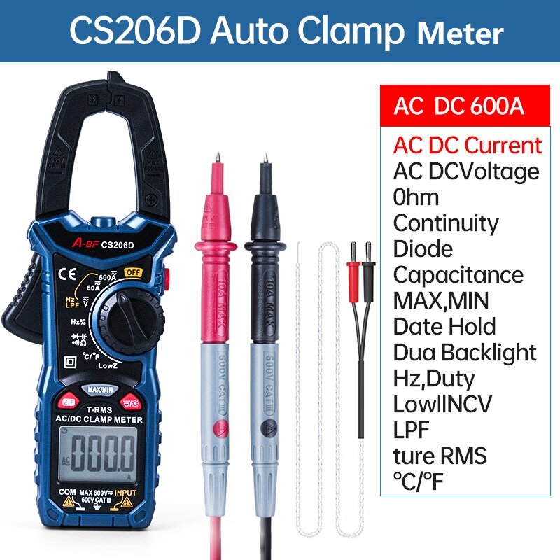 A-BF Digital Clamp Meter Multimeter Auto Range CS206B/CS206D Strom Spannung Temp Kondensator Tester AC/DC MAX/MIN NCV True RMS