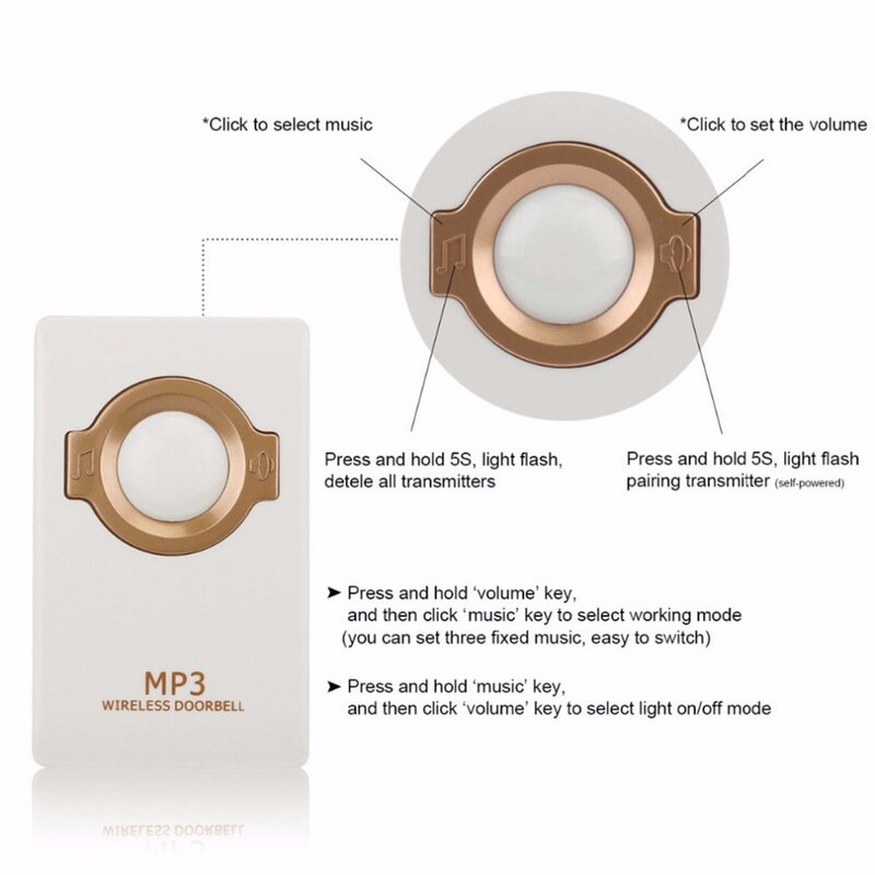 Campanello senza fili pulsante remoto autoalimentato e ricevitore MP3 digitale a lungo raggio IP47 impermeabile per la sicurezza domestica