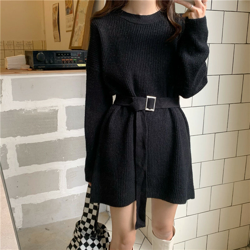 Suéter acolchado suelto de moda coreana para mujer, suéter de punto con cinturón, ropa exterior de longitud media, Top cálido, Otoño/Invierno, 2021