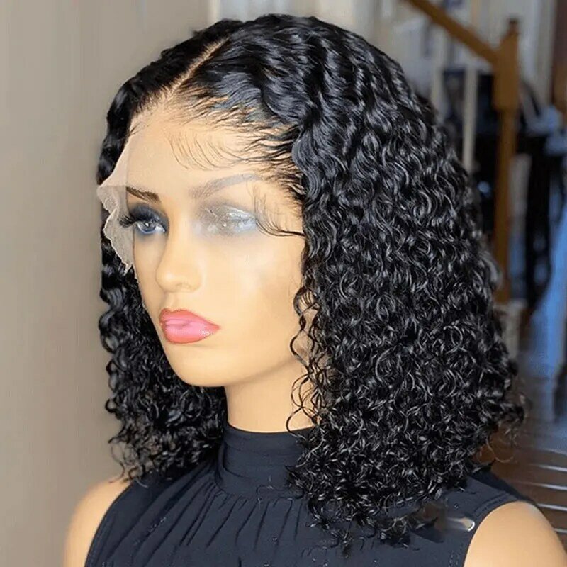 Perruque Lace Front Wig synthétique Bob courte crépue bouclée, coupe émoussée au milieu, avec Baby Hair, pre-plucked, douce, densité 180%, pour femmes noires