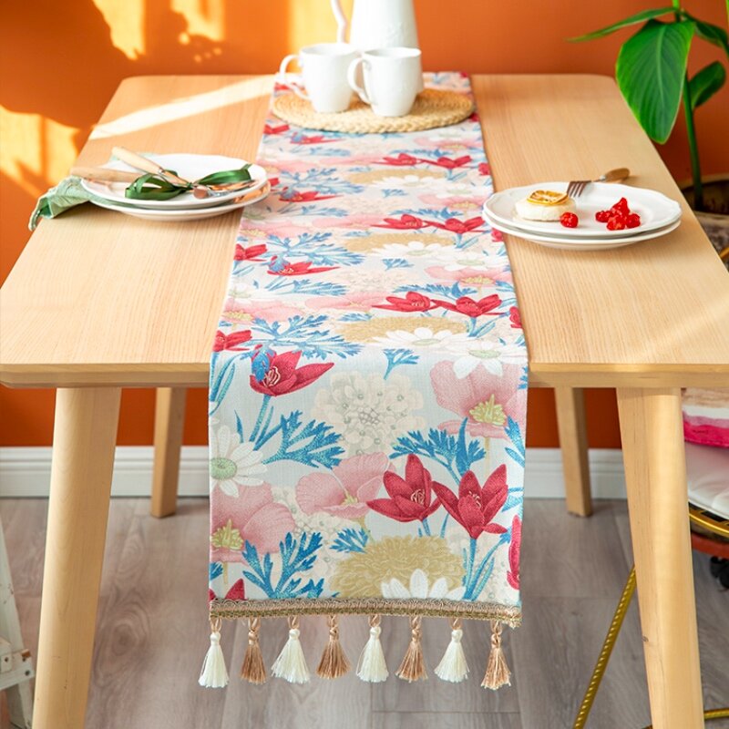 Dunxdeco pendão corredor de mesa festa longo capa de mesa tecido moderno luxo azul floret tijolo impressão decoração têxtil