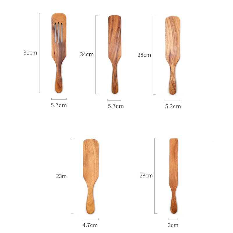 PPYY-6-Piece de cocina de teca Natural, juego de utensilios de Cocina de madera, espátula ranurada