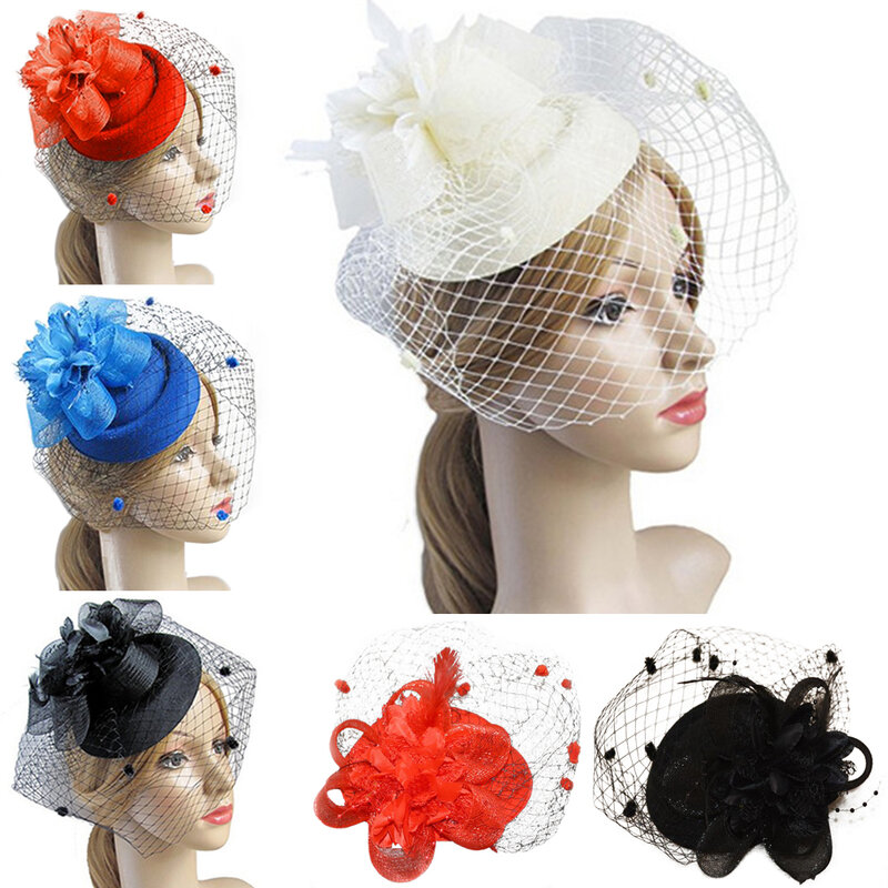 Mulheres festa casual dobrável malha artesanato férias adultos diy flor moda topo chapéu grampo de cabelo chapéu bowler pena véu casamento