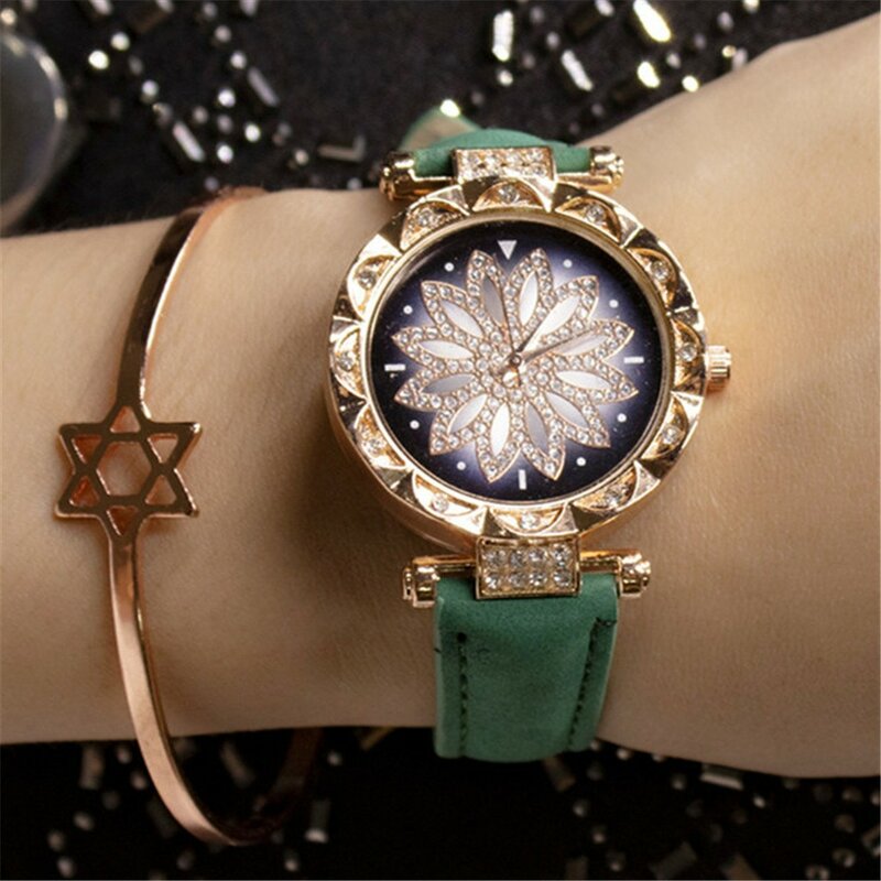Reloj de cuarzo con diamantes de imitación para mujer, cronógrafo de lujo con esfera de flor de la suerte, correa de cuero con cielo estrellado, regalo, XQ, nuevo