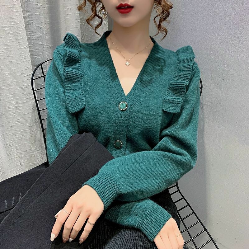 Women's Knitted Cardigan Ruffles V Neck Long Sleeves Slim Thicken Sweater Wholesale Autumn Winter New Elegant Lady Clothing