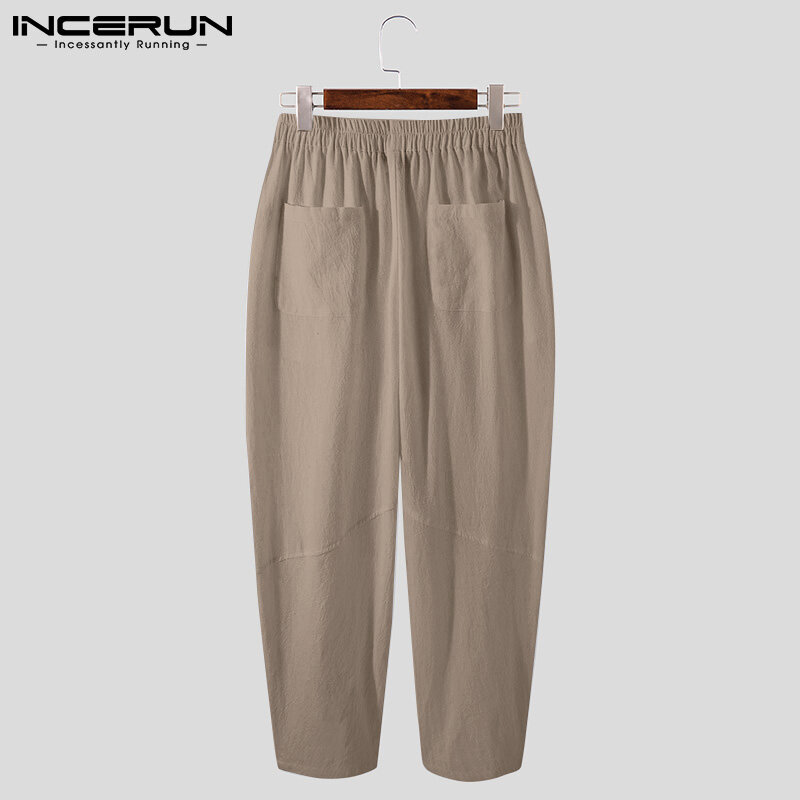 INCERUN-pantalones holgados de 100% para hombre, ropa de calle informal sencilla, lisa y cómoda, con corte dividido, S-5XL