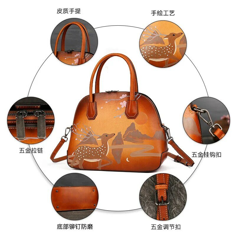 2021 new leather women's bag hand-painted Christmas deer head Leather Messenger Handbag