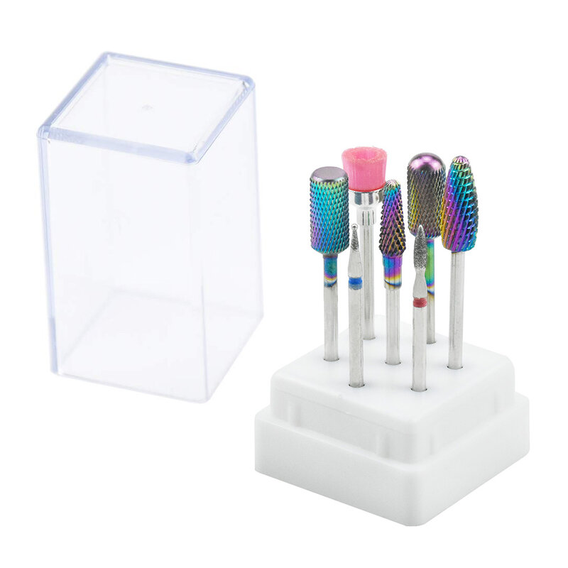 7 sztuk Rainbow węglik wolframu/paznokcie ceramiczne zestaw wierteł w pudełku maszyna do Manicure akcesoria frez elektryczny pilnik do paznokci