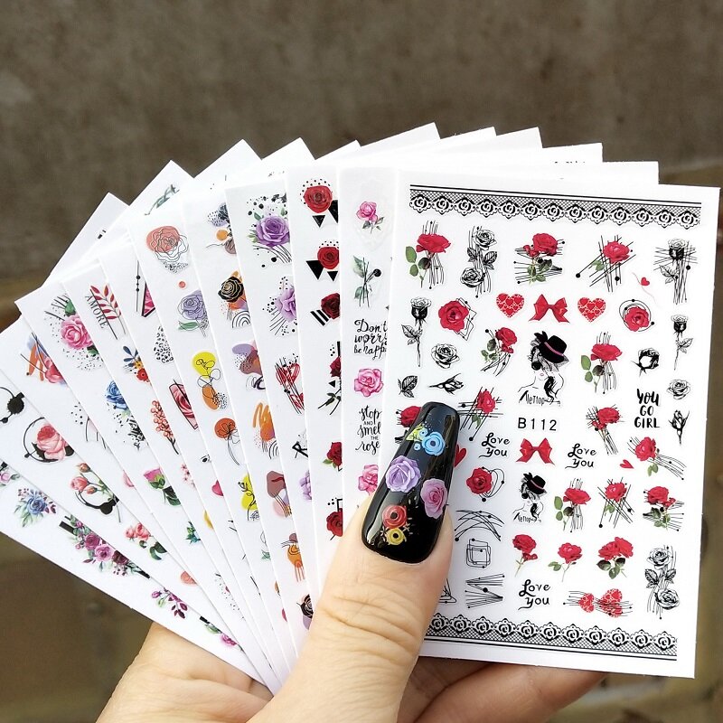 10pcs 2022 Valentines Day Nail Sticker Rose Leopard Flower 3D Nail Decals Heart Angel Nail Art Accessories Manicure Decoration