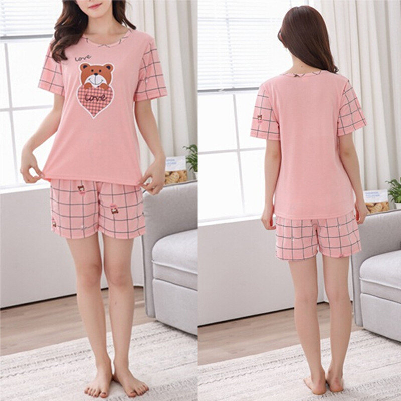 Пижама женская хлопковая с коротким рукавом, Милая Ночная рубашка для молодых девушек, повседневная короткая одежда для сна для дома, M-2XL