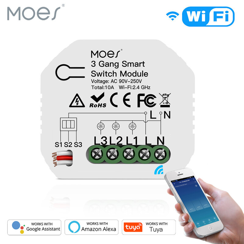 Mini Diy Wifi Slimme Lichtschakelaar 3 Gang 1/2 Manier Module Smart Leven/Tuya App Controle Werkt Met Amazon alexa En Google Thuis