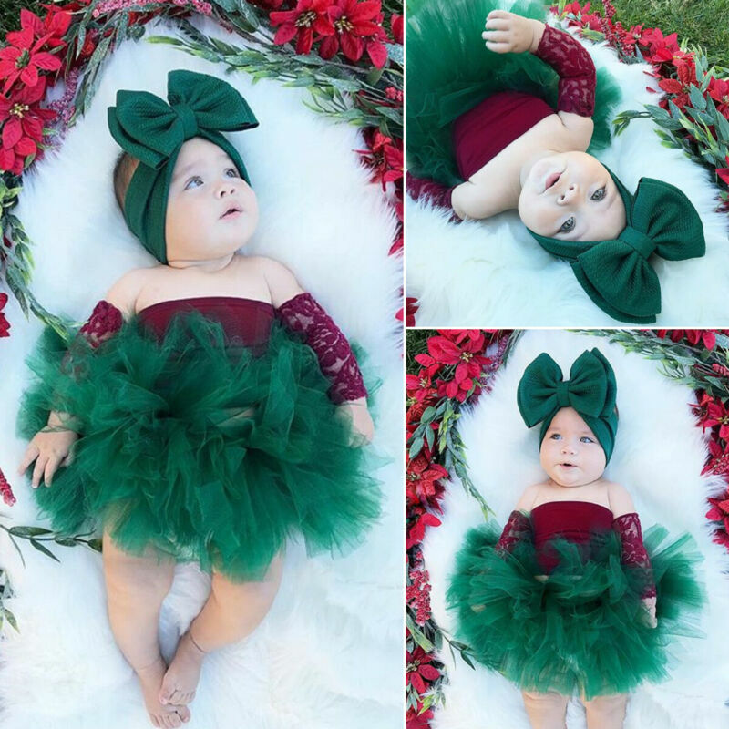 Infant Baby Girls Princess Christmas Clothes Lace Patchwork Top+Tutu Skirt + Lovely Bowknot Fashion Xmas Outfit