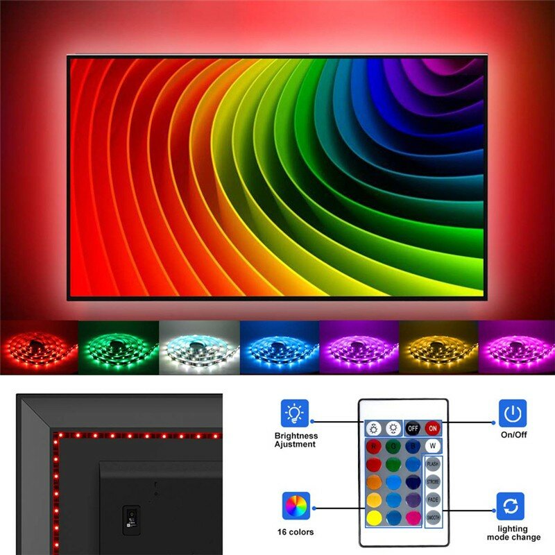 RGB Neon LED Strip Baterai Flash Led Strip 5050 Dekorasi Fleksibel Lampu Latar Belakang TV dengan Remote Control 24 Tombol
