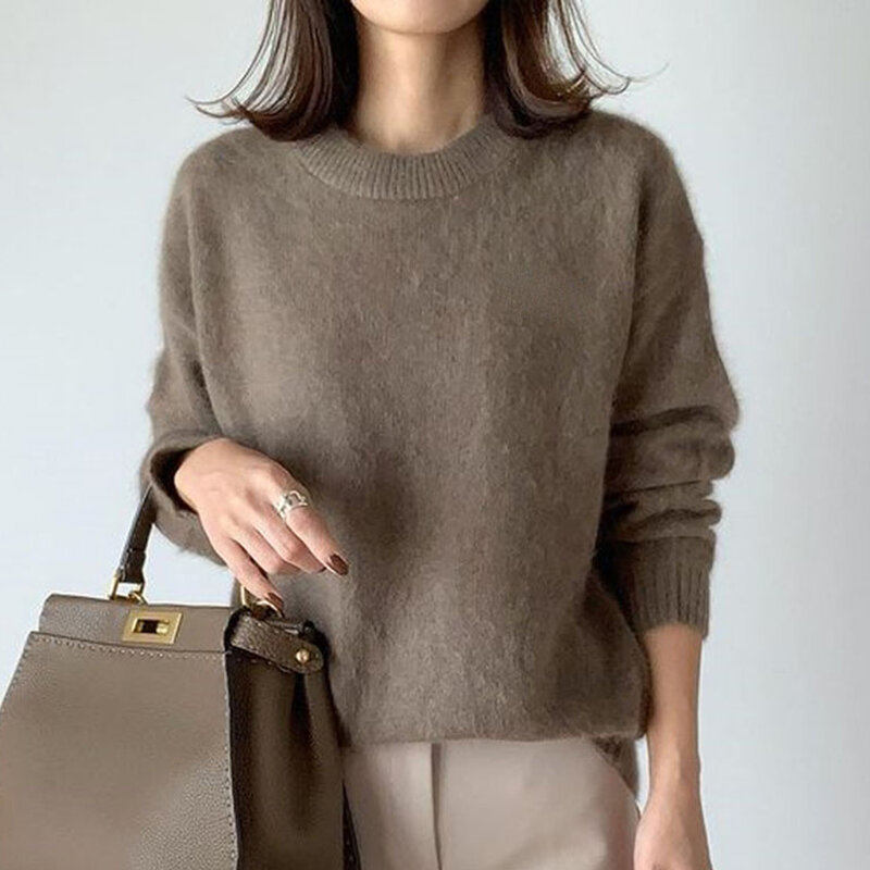 Cashmere Sweater Women Round Neck Long Sleeve Plain Pullovers Korea Style Fashion Office Lady Top Pull Femme Winter Clothes 2021
