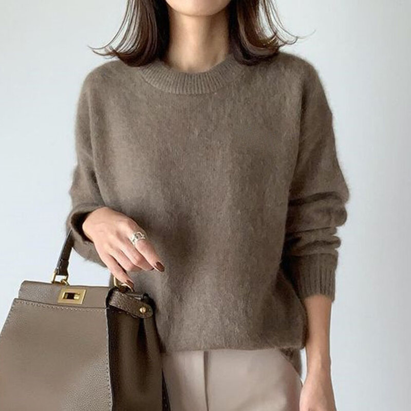 Cashmere Áo Len Nữ Cổ Tròn Đồng Bằng Áo Thun Hàn Quốc Phong Cách Thời Trang Công Sở Hàng Đầu Kéo Femme Quần Áo Mùa Đông 2021